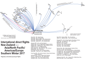 New Zealand to Asia/North Pacific/Americas/Europe passenger flight route map